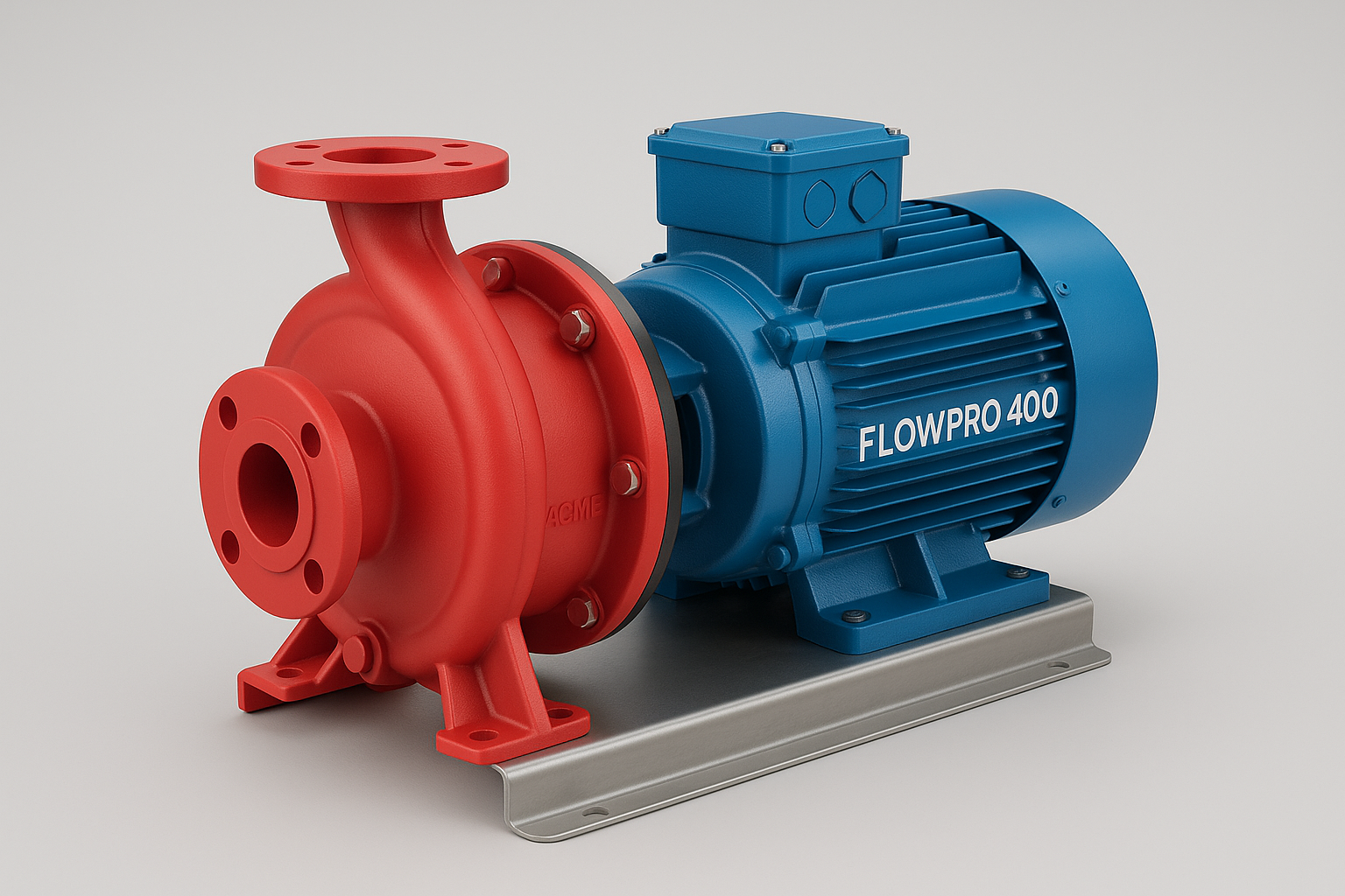 Seitenansicht einer rot lackierten Kreiselpumpe mit Flanschanschluss aus Kunststoff, die über eine Welle mit einem blauen Elektromotor mit der Aufschrift „FLOWPRO 400“ verbunden ist, beide auf einer Metallgrundplatte vor neutralem Hintergrund montiert.