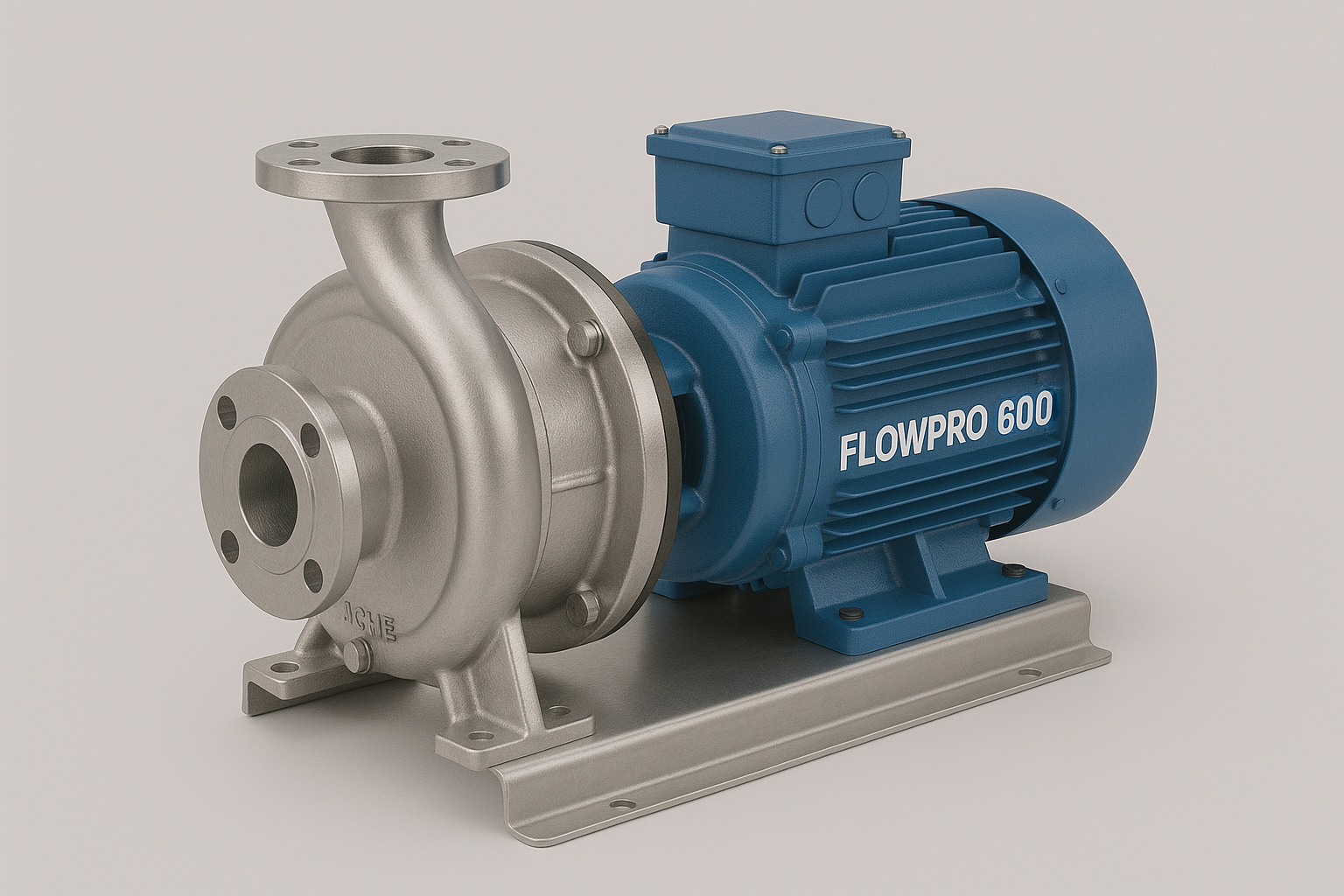 Seitenansicht einer matt silbernen Kreiselpumpe mit Flanschanschluss, die über eine Welle mit einem blauen Elektromotor mit der Aufschrift „FLOWPRO 600“ verbunden ist, montiert auf einer Metallgrundplatte vor neutralem Hintergrund.