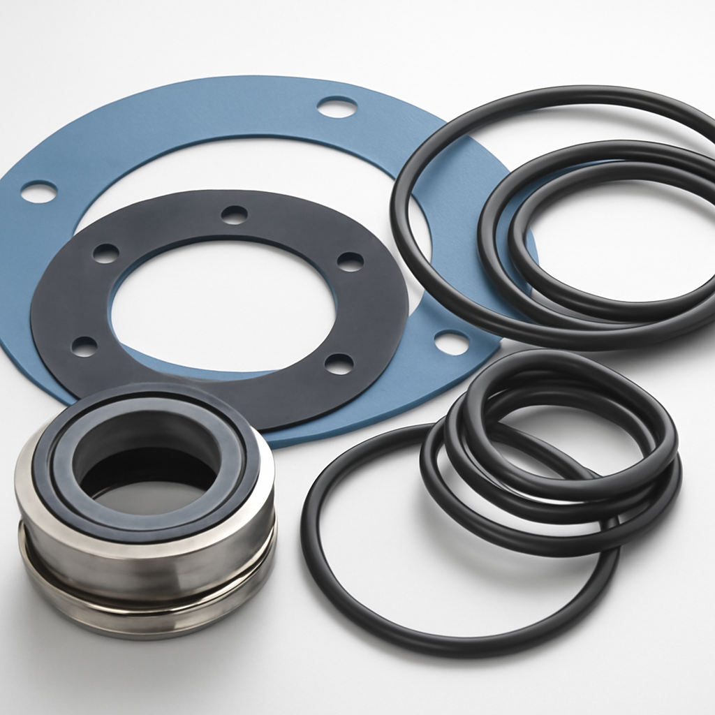 Detailaufnahme von Dichtelementen auf hellem Untergrund mit blauen und schwarzen Flanschdichtungen, schwarzen O-Ringen in verschiedenen Größen und einer metallischen Gleitringdichtung, angeordnet als Set für industrielle Abdichtungen.