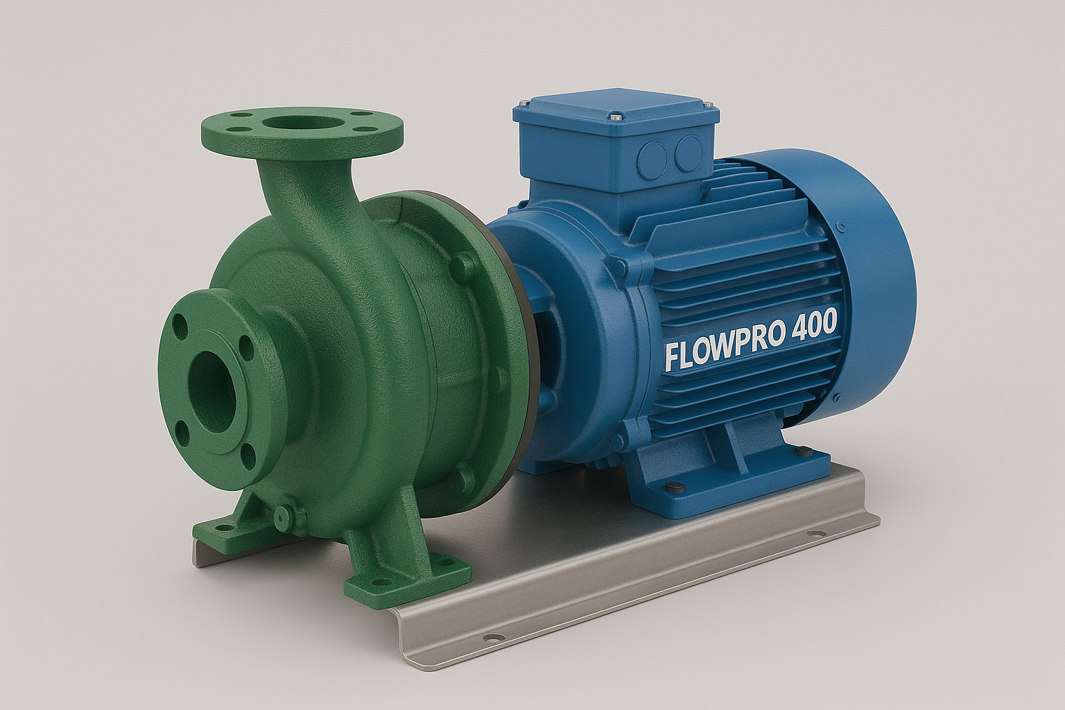 Seitliche Ansicht einer grün lackierten Kreiselpumpe mit Flanschanschluss, die über eine Welle mit einem blauen Elektromotor mit der Aufschrift „FLOWPRO 400“ verbunden ist, montiert auf einer rechteckigen Metallgrundplatte vor neutralem Hintergrund.