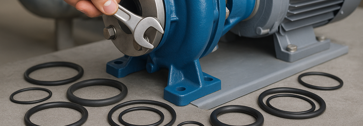 Hand löst mit einem Schraubenschlüssel die Front einer blauen Kreiselpumpe; mehrere schwarze O-Ringe liegen zur Wartung auf der Arbeitsfläche bereit.