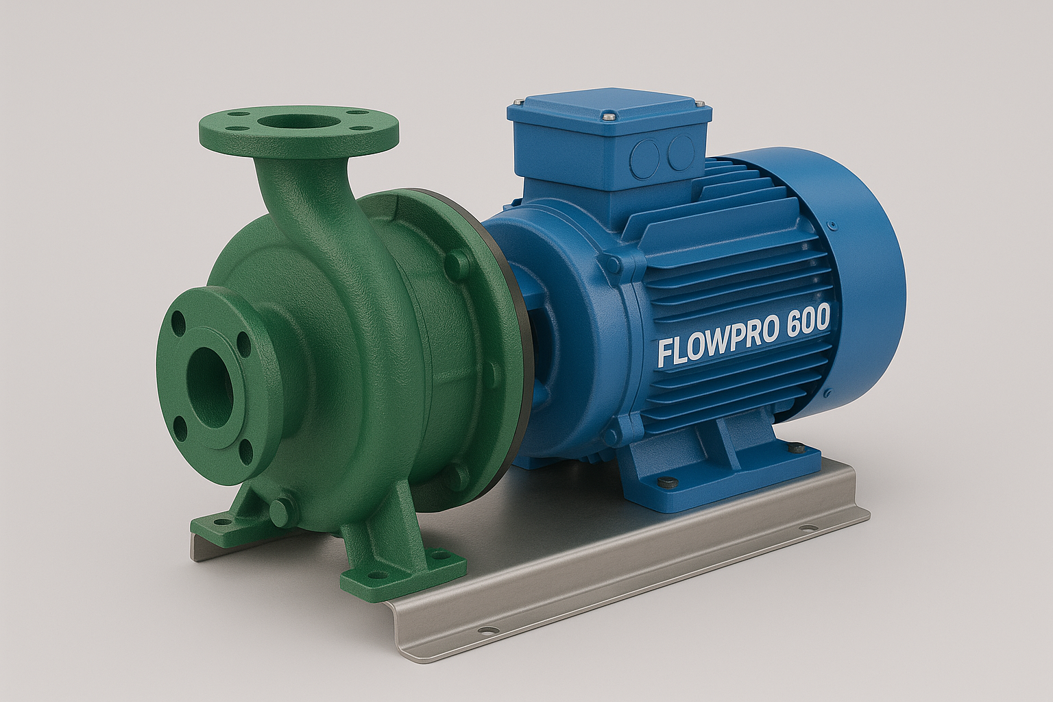 Seitenansicht einer grün lackierten Kreiselpumpe mit Flanschanschluss, die über eine Welle mit einem blauen Elektromotor mit der Aufschrift „FLOWPRO 600“ verbunden ist, montiert auf einer Metallgrundplatte vor neutralem Hintergrund.