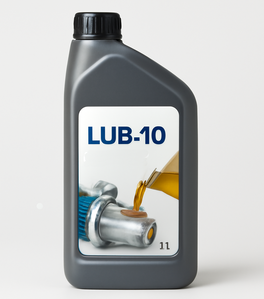 Frontansicht einer grauen Kunststoffflasche mit schwarzem Schraubverschluss, auf deren Etikett in blauen Buchstaben „LUB‑10“ steht und darunter eine Nahaufnahme gezeigt wird, wie goldfarbenes Schmieröl aus einer Kanne auf eine Metallwelle gegossen wird.