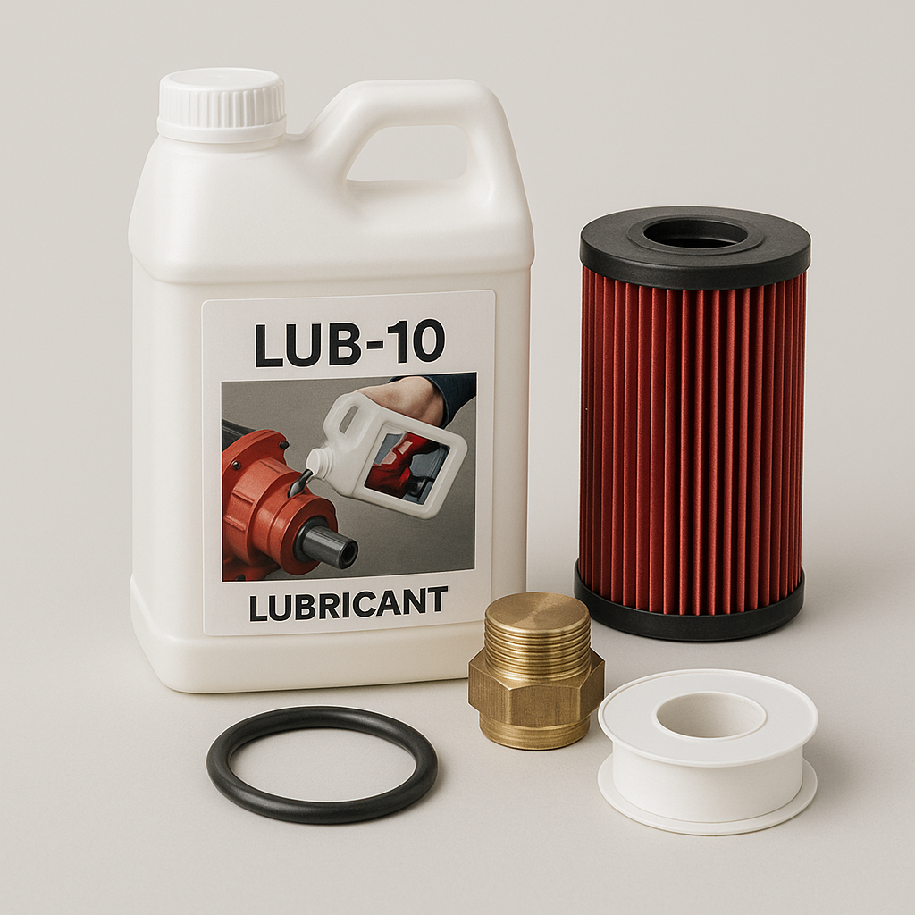 Kunststoffkanister mit der Aufschrift LUB-10 und Abbildung einer Öl-Anwendung an einer Pumpe, daneben ein rotes Filterelement, ein O-Ring, ein Messing-Gewindefitting und eine Rolle PTFE-Dichtband vor hellem Hintergrund.
